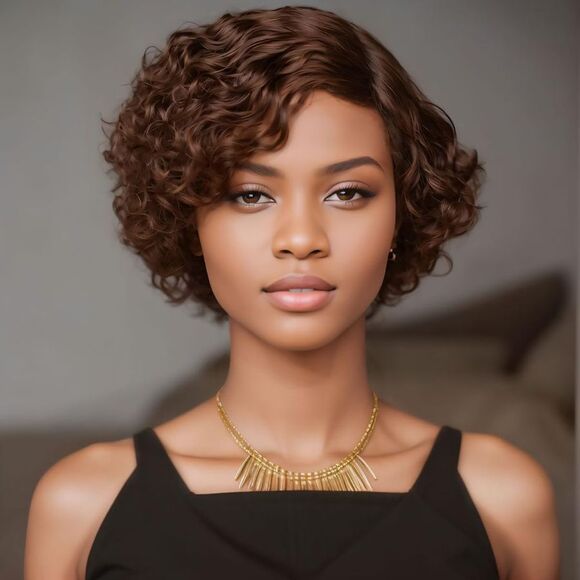 Brown Short Pixie Cut Brown Kinky Curly Short Women's  Wig - Picture 1 of 10